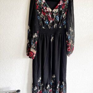 Black Floral Maxi L-XL Sheer Sleeves V-neck Cottage Boho Fairy Festival Dress
